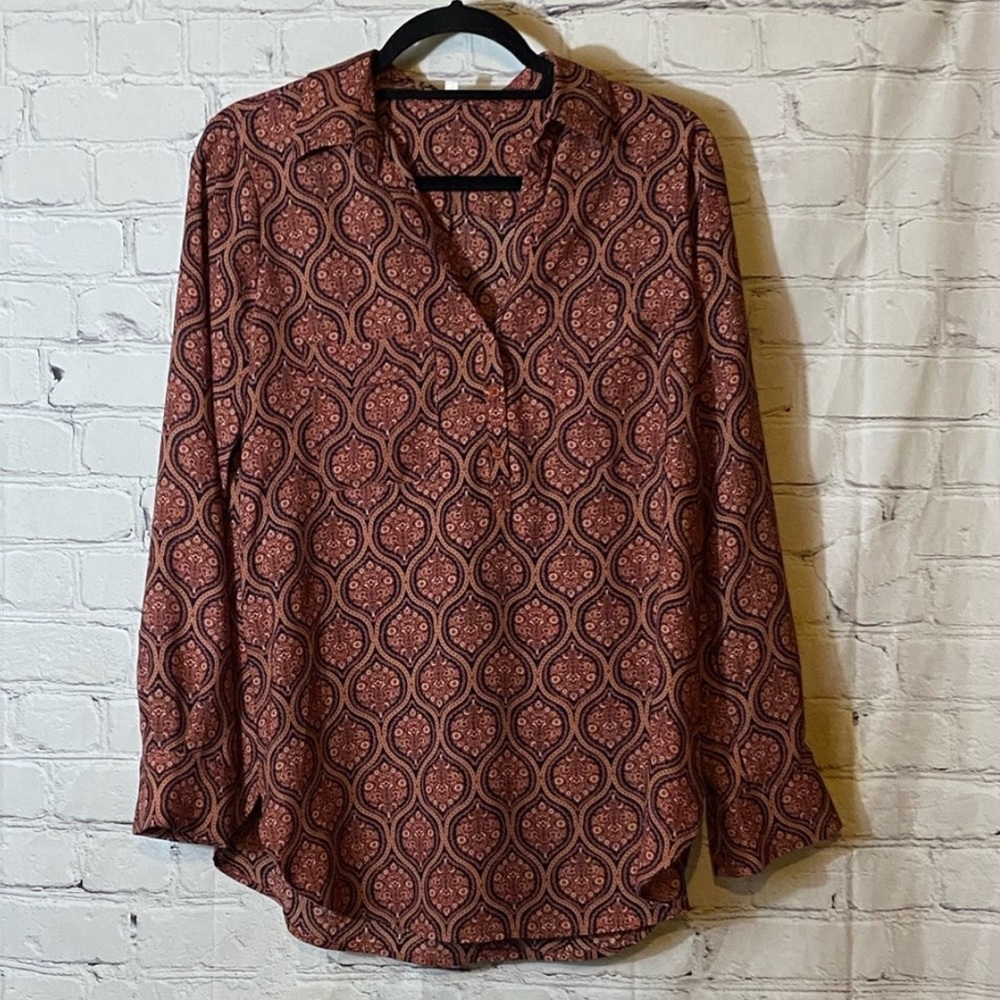 Pleione Long Sleeve Orange Geometric Blouse